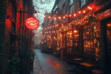 Obraz premium Cozy Pub Alleyway Illuminated by String Lights