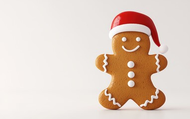 Gingerbread man 3D character with a smiling face, decorated with white icing and buttons, wearing a red Santa hat, on a clean white background 
