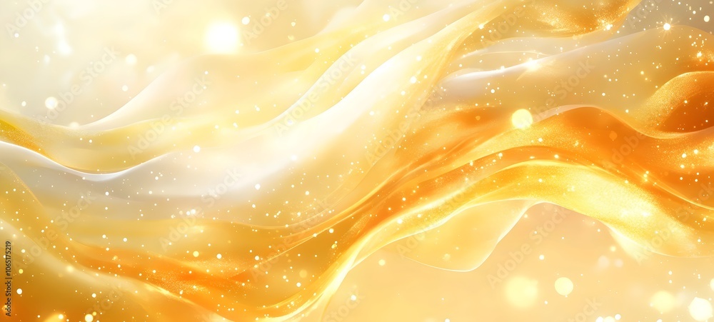 Poster an abstract image featuring flowing golden and white fabric textures, illuminated by shimmering ligh