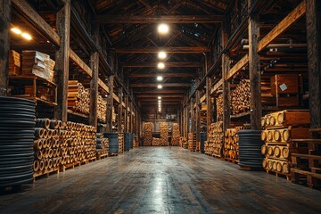 Fototapeta premium Wooden Barrel Storage Warehouse with Wooden Beams