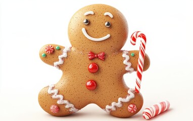 Obraz premium 3D Christmas gingerbread man character with icing decorations, smiling warmly and holding a small candy cane, vibrant colors on a white background --