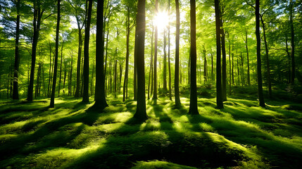 Obraz premium Sunlight streaming through forest trees, illuminating lush green undergrowth, peaceful woodland scene with glowing morning light and serene natural beauty
