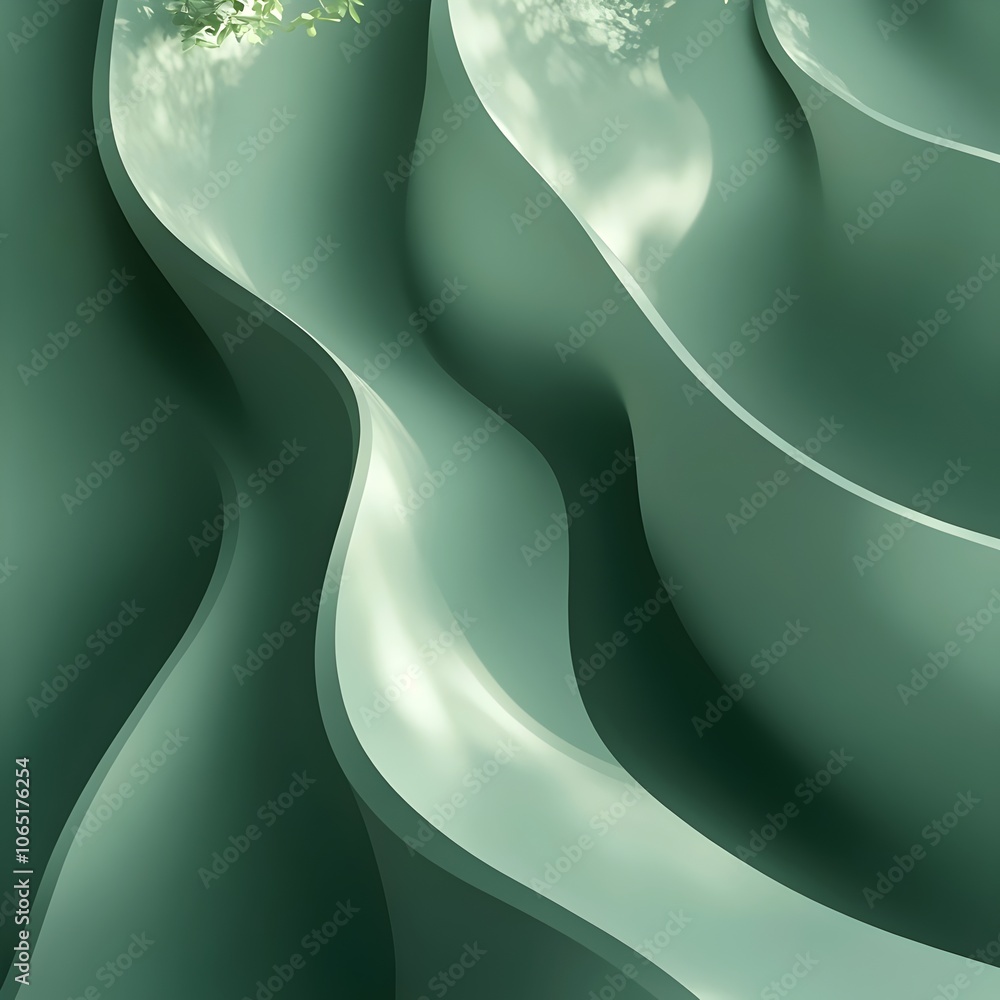 Poster an abstract, flowing pattern of soft green curves, resembling gentle waves or rolling hills, creatin