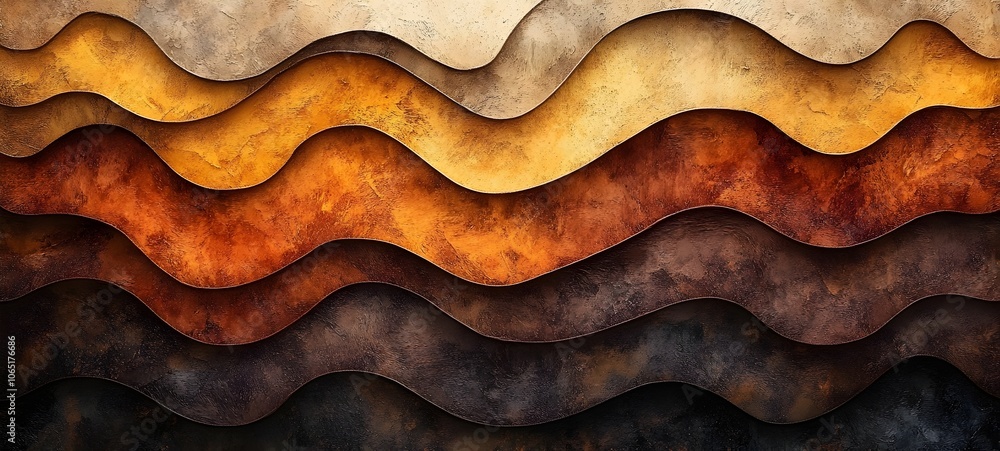 Poster an abstract design featuring smooth, wavy layers in warm tones of gold, amber, and brown, creating a