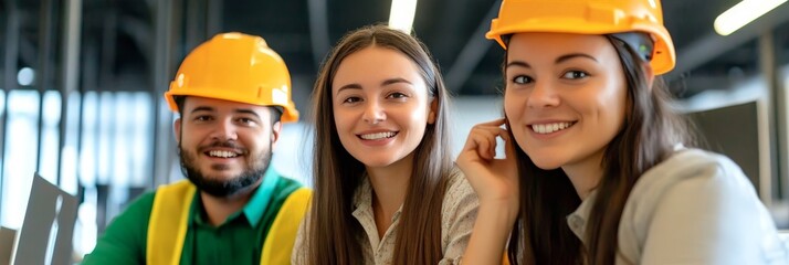 Confident Construction Workers Smiling on a Project Site, Teamwork in Industrial Environments