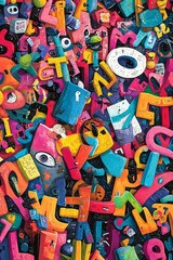 Obraz premium This dynamic book cover features a chaotic mix of colorful letters scattered across the page, intertwined with illustrations of puzzle pieces and whimsical characters enjoying word search challenges. 
