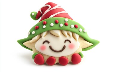 Fototapeta premium Christmas elf hat 3D cookie character with green and red icing, decorated with a little smile, whimsical and festive on a white background 