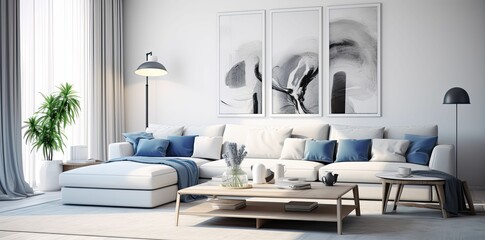 Modern living room with white sofa, abstract art.