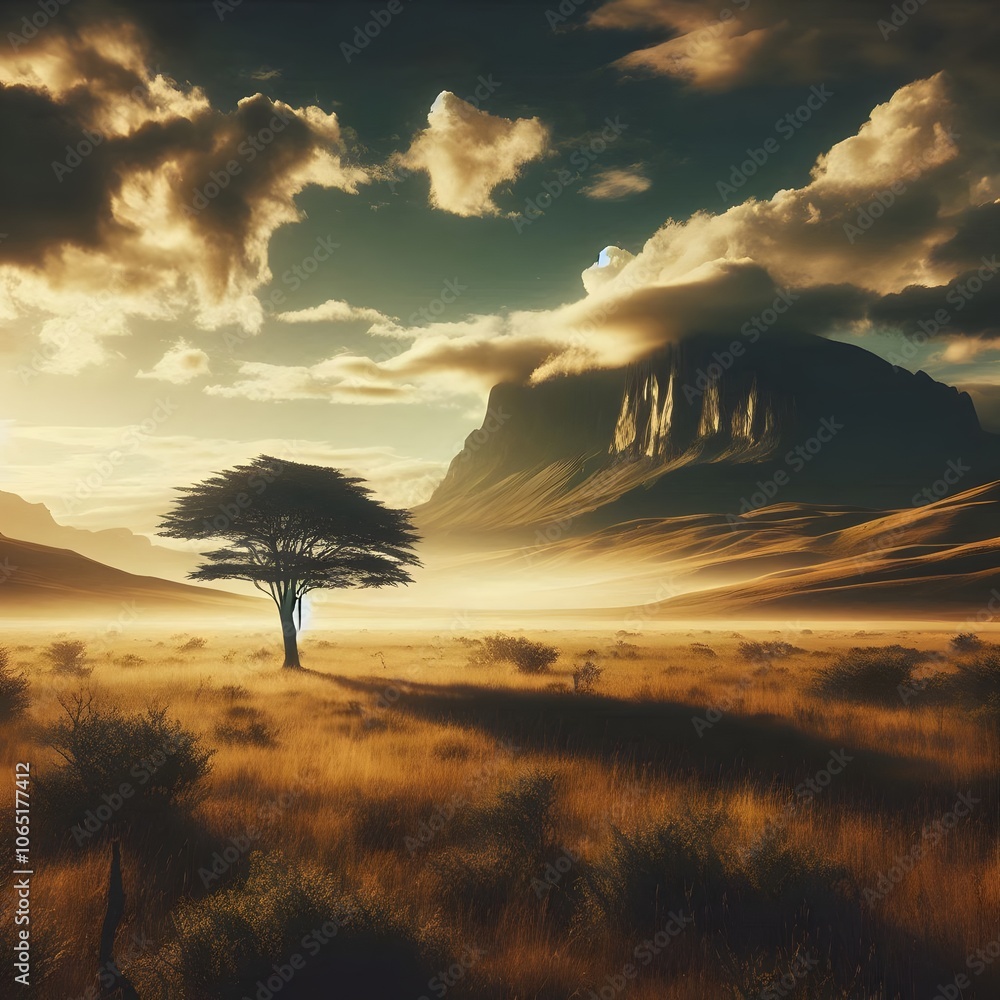 Poster lonely tree in the misty meadow with mountains in the background generated by ai