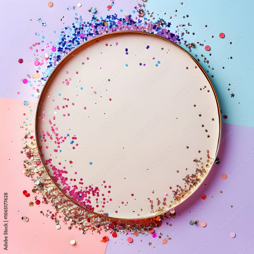 Poster a flat lay photograph of an empty circle with confetti and glitter on the edges, set against a paste