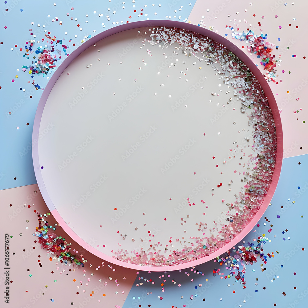 Poster a flat lay photograph of an empty circle with confetti and glitter on the edges, set against a paste