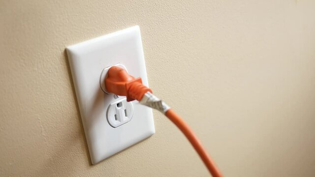 A contractor plugs in an extension cord into outlet in modern home - 1.