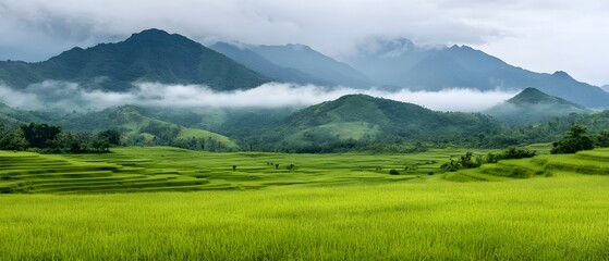 Obraz premium Stunning golden rice terraces nestled among rolling hills with mist gently drifting through the serene and vibrant countryside landscape at sunrise