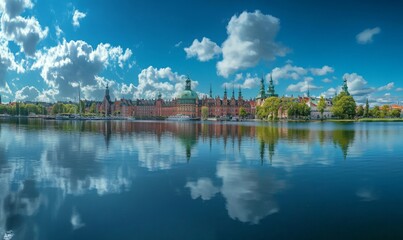 Frederiksborg Castle, in the town of Hillered on Lake Slotsse. Panorama. Denmark. XVI century. Copenhagen, Denmark, Europe