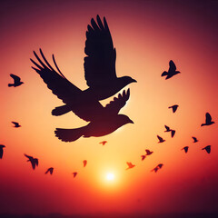 Silhouette of a flying dove on a sunset background with flying birds generated by AI