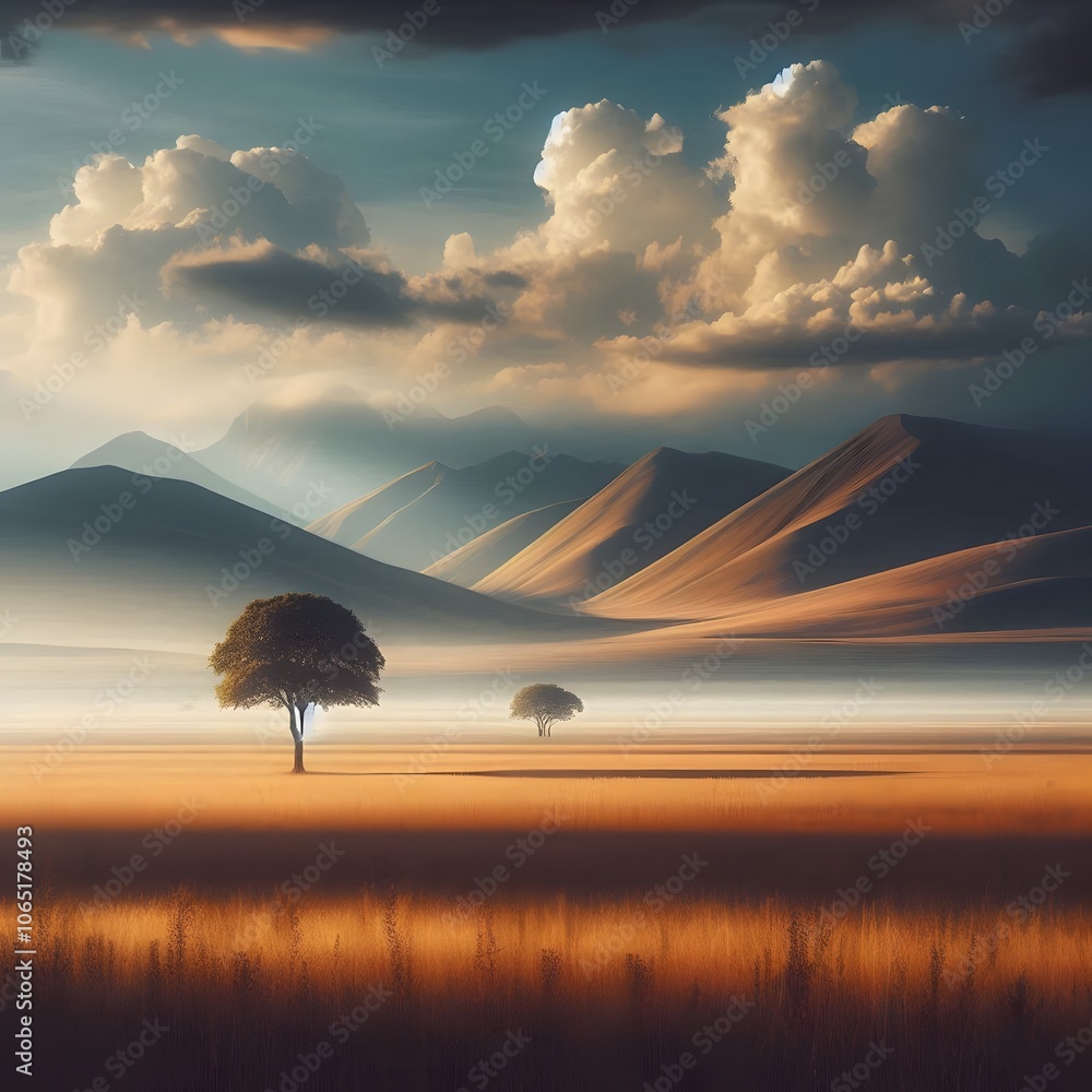 Poster lonely tree in the misty meadow with mountains in the background generated by ai
