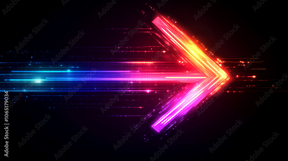 Poster arrow symbol with glowing neon effect representing fast movement and modern technology in digital co