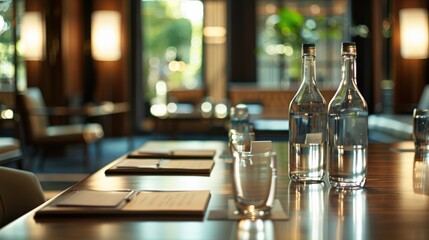 Wooden conference table with glass water bottles and notepads in a luxury meeting room
