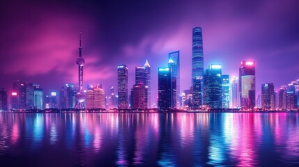 Fototapeta premium A vibrant city skyline at night, lights reflecting in the water 