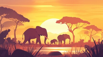 Fototapeta premium Abstract elephant family silhouettes on a safari landscape at sunset, creating a warm, serene background
