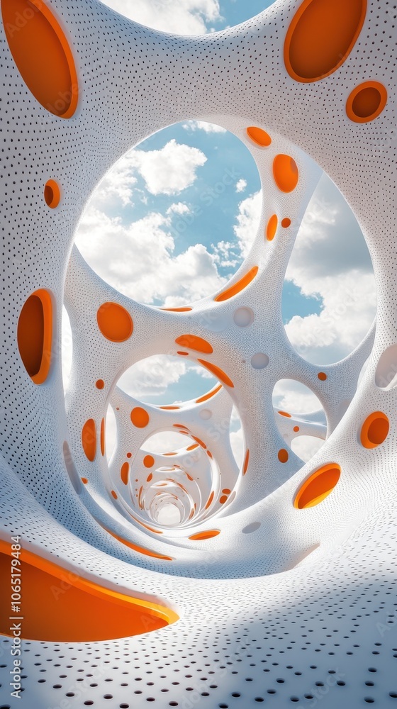 Poster abstract spiral pattern featuring white and orange hues, creating a mesmerizing depth effect.