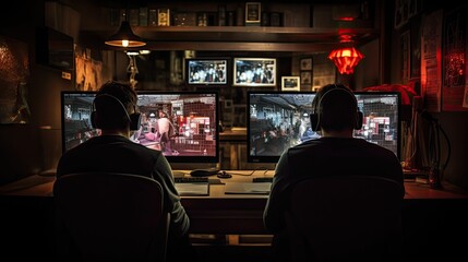 Two gamers playing video games in a dark room.