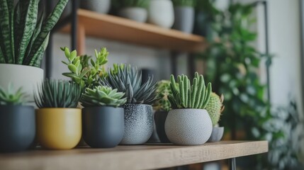 Modern Indoor Plant Arrangement on Wooden Shelf