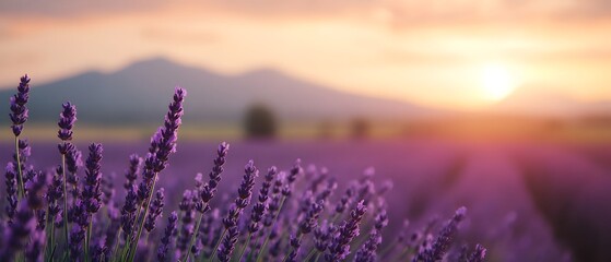 Obraz premium Vibrant purple lavender fields stretch across the rolling landscape bathed in the warm golden glow of a serene sunset Distant mountains loom on the horizon