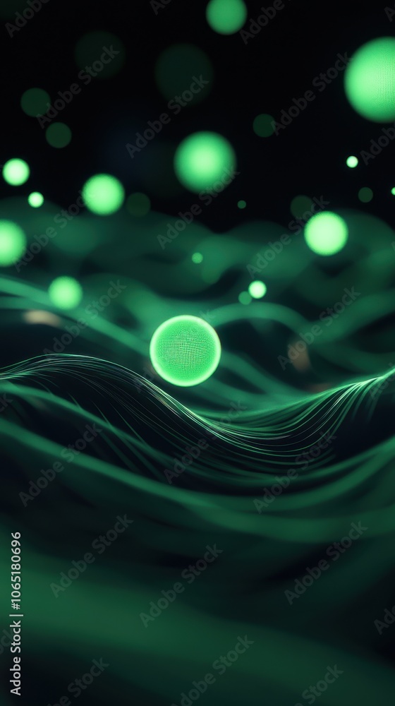 Poster a mesmerizing abstraction featuring flowing green waves and floating bubbles, creating a dreamlike u