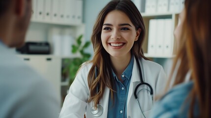 A cheerful female doctor converses with patients in a contemporary medical office, wearing a lab coat and stethoscope. Ideal for healthcare, wellness, and professional consultation themes.