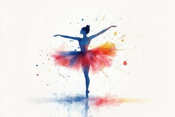 Obraz premium Ballerina in Colorful Tutu Dancing with Splashes and Sparks - Vector Watercolor Painting with Flat Design and Pastel Colors on White Background