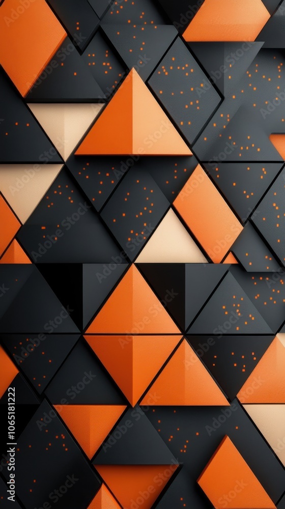 Poster an abstract composition featuring interlocking geometric shapes in vibrant orange and deep black, cr