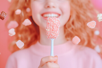 Smiling Girl Holding Sweet Candy in Pink Background