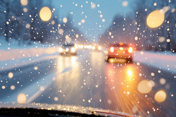  Snowy winter road viewed through car window with snowfall
