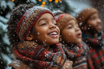 Children joyfully singing Christmas carols in falling snow
