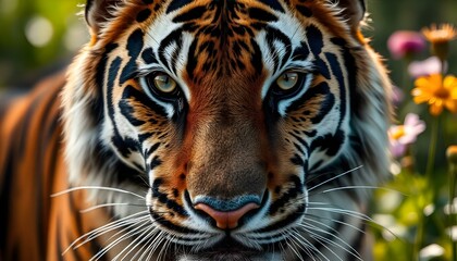 Fototapeta premium Extreme close-up of a Bengal Tiger's face, highlighting the patterns of its fur and the intensity of its gaze, with hints of wildflowers in soft focus beh