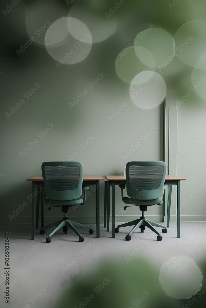 Poster please draw an office room with two desks in a style features a calm, observational mood with muted 