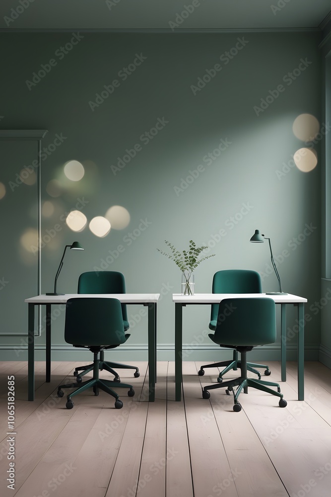 Poster please draw an office room with two desks in a style features a calm, observational mood with muted 