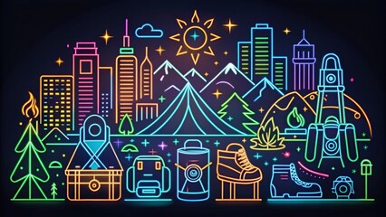 Bold Outline Camping and Outdoor Gear Icon Set for Urban Exploration Photography, Featuring Tents, Backpacks, Campfires, Hiking Equipment, and Adventure Essentials for Outdoor Enthusiasts