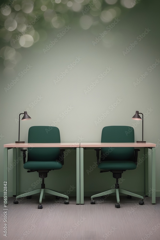Aufkleber please draw an office room with two desks in a style features a calm, observational mood with muted 