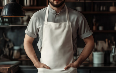 Chef kitchen apron. Chef cook in a uniform, kitchen apron, wearing protective apparel, culinary environment, food service setting, chef in kitchen interior, apron mock-up. Realistic style photo