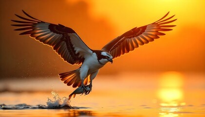 Fototapeta premium Osprey in mid-air with fish, detailed wings highlighted against a vibrant sunrise backdrop.