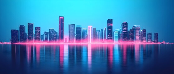 Obraz premium Captivating cityscape of an iconic metropolitan skyline at night with towering skyscrapers illuminated in a radiant display of neon lights and reflections against the deep blue sky A stunning