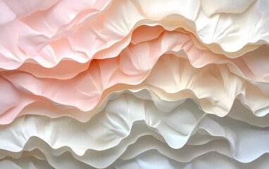 Obraz premium A close-up image of layered fabric in soft pastel shades of pink, peach, and white, creating a delicate, textured wave effect that evokes elegance and softness.