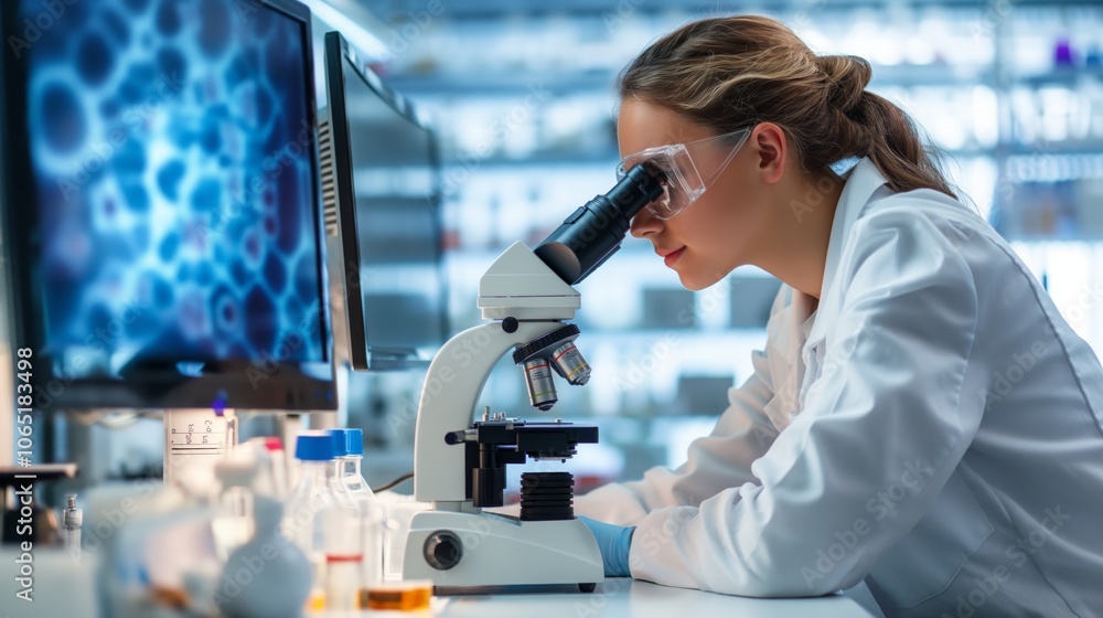 Poster In a modern laboratory, a scientist meticulously examines samples through a microscope, creating a professional setting for indepth research in biotechnology and medical sciences