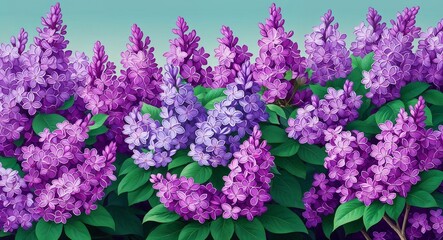 Obraz premium Lilac bushes illustration with clusters of purple flowers and sweet aroma