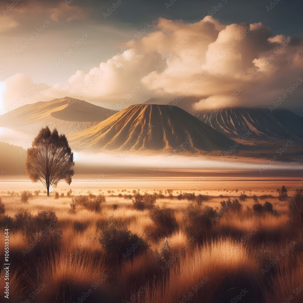 Poster lonely tree in the misty meadow with mountains in the background generated by ai