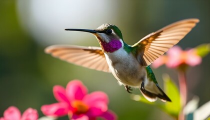 Fototapeta premium Close-up of a female hummingbird with iridescent green and pink feathers hovering in a garden