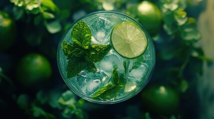 This vibrant drink features fresh mint leaves and lime slices atop ice, creating a refreshing mojito. The setting is lively and full of green tones, enhancing the drink&rsquo;s appeal.