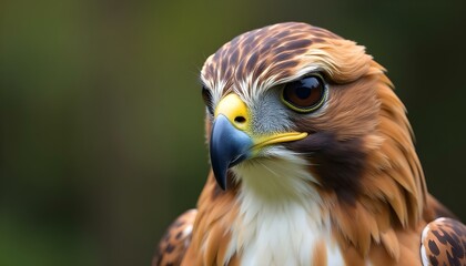 Naklejka premium close-up portrait of a hawk with a sharp beak, piercing eyes, blurred green background